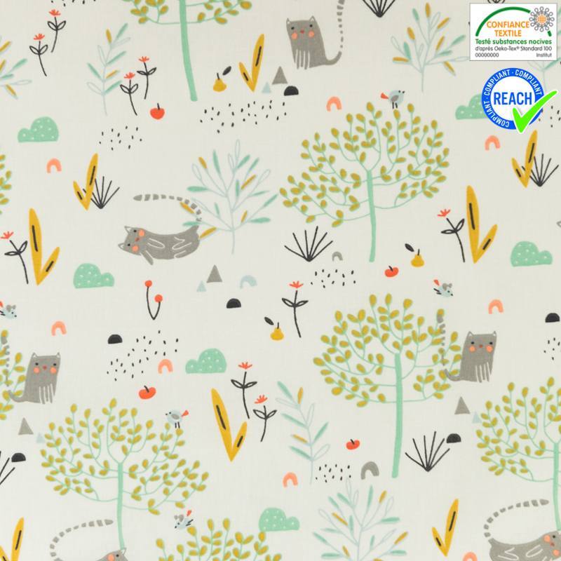 Coton Ecru Motif Chat Et Arbre Vert D Eau Et Ocre