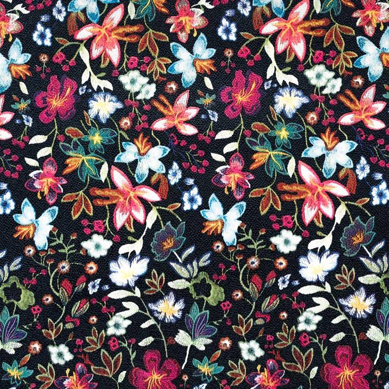 Simili cuir noir motif  fleurs  des champs multicolores 