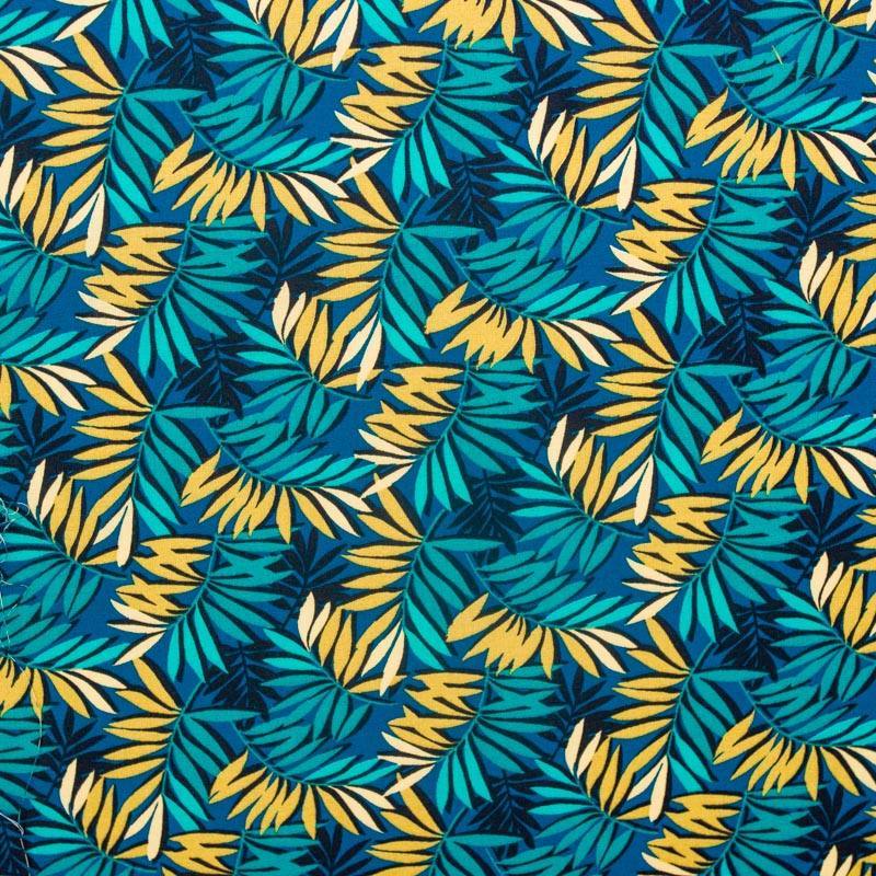 Coton bleu  motif  feuille turquoise et miel