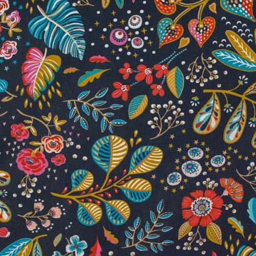 Coton enduit ardoise motif fleur multicolore