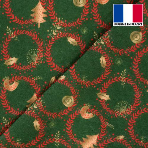 Feutrine verte motif couronne de Noël rouge
