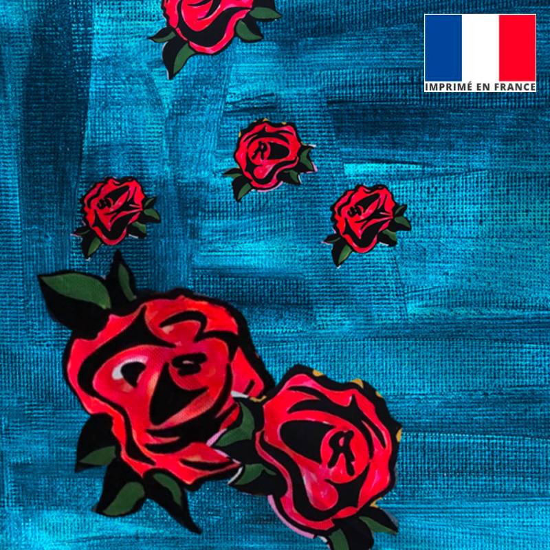 Satin bleu motif peinture et rose - Anne-Sophie Dozoul