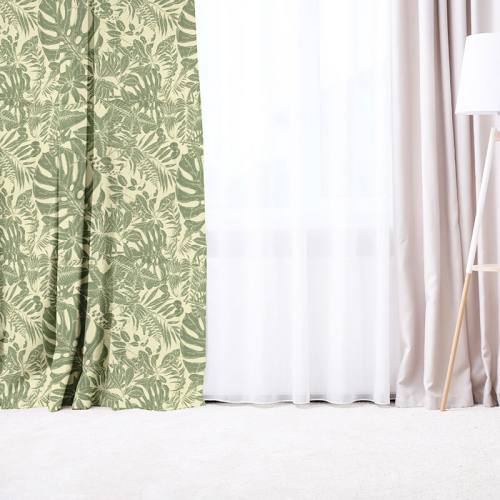 Tissu occultant grège motif jungle dessin vert sauge