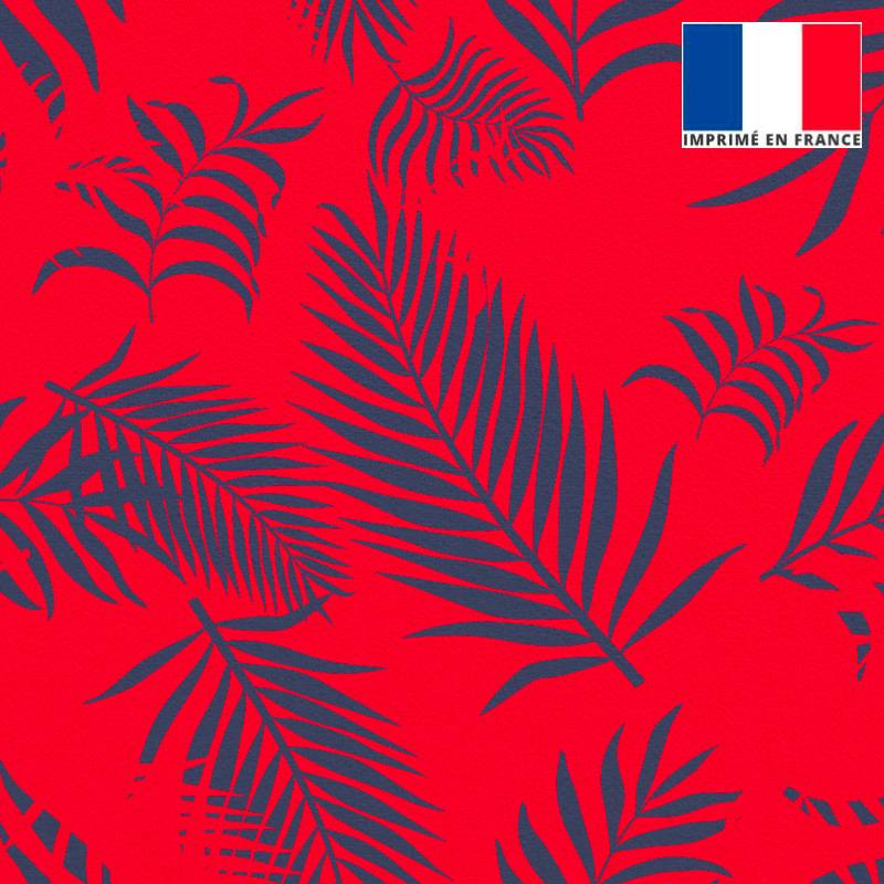 Velours ras rouge vif imprimé feuille de palmier bleu turquin