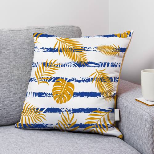 Velours ras écrue motif feuille de palmier jaune et bandes bleues