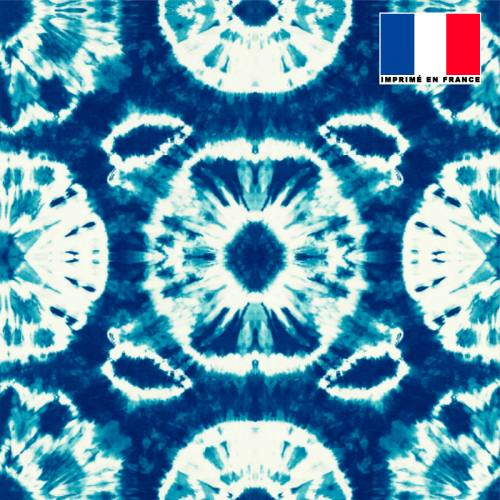 Mousseline bleu marine motif tie and dye rond vert d'eau