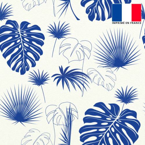 Tissu occultant écru motif feuille de palmier bleu majorelle