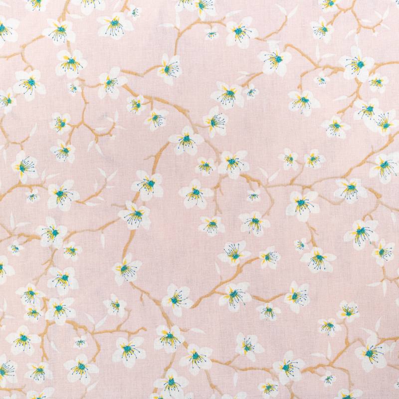 Coton rose dragée motif fleur d'amandier blanche