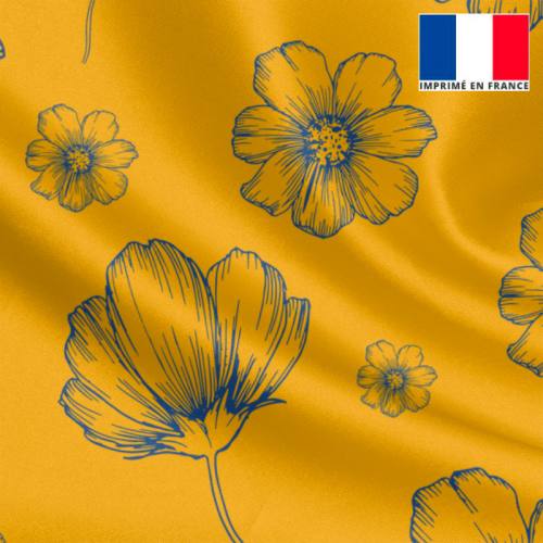 Satin or jaune motif fleurs bleues