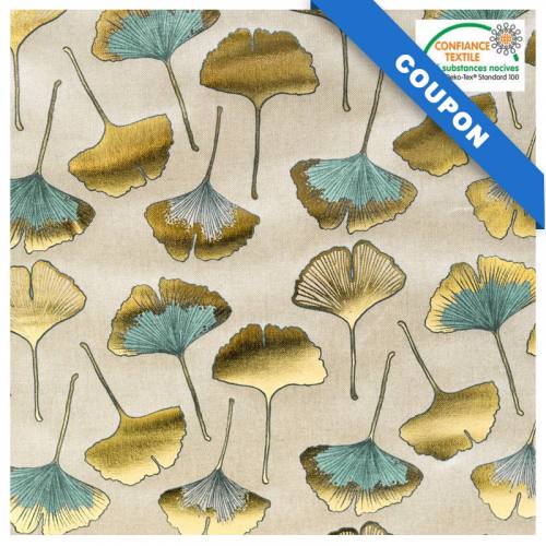 Coupon 50X68 cm - Toile coton chinée naturelle imprimée feuilles ginkgo dorées et vertes
