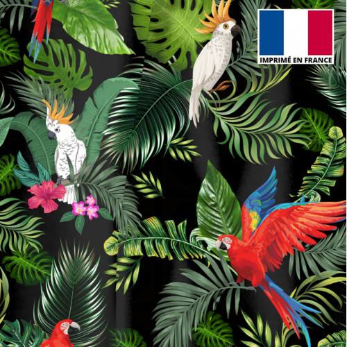 Velours ras noir motif feuille tropicale et perroquet