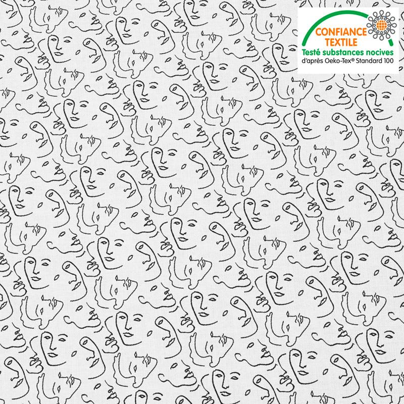 Coton blanc motif  dessin visage  au trait continu Oeko tex 