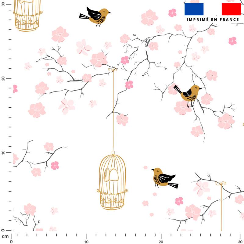 Fleur de cerisier rose et cage à oiseaux - Fond écru