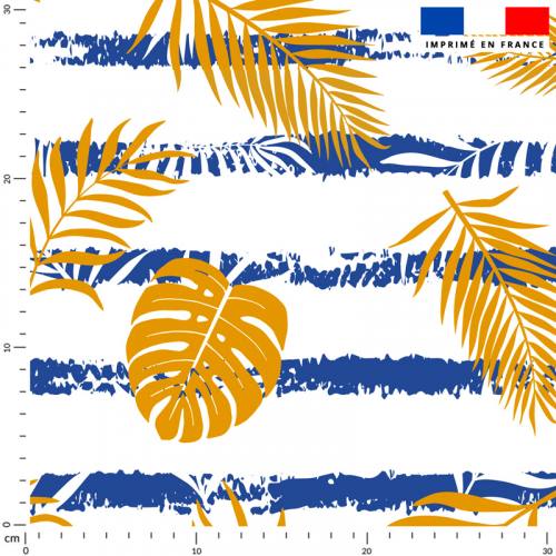 Feuille de palmier jaune et bandes bleu majorelle - Fond écru