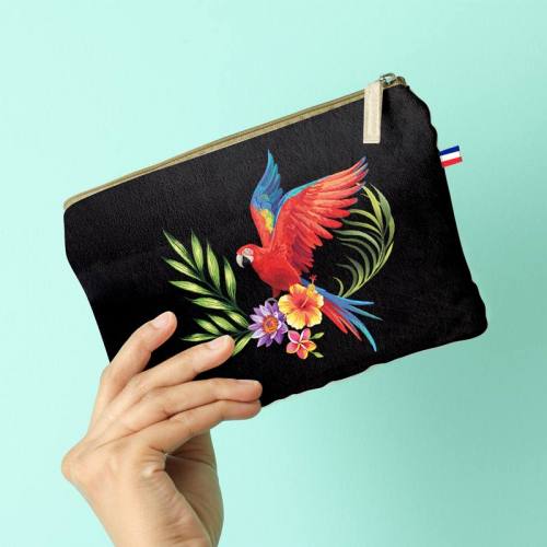 Kit pochette noir motif feuille tropicale et perroquet
