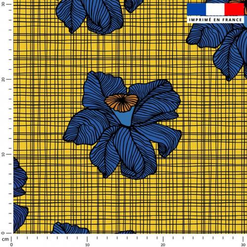 Tissu caban jaune motif wax fleur bleue