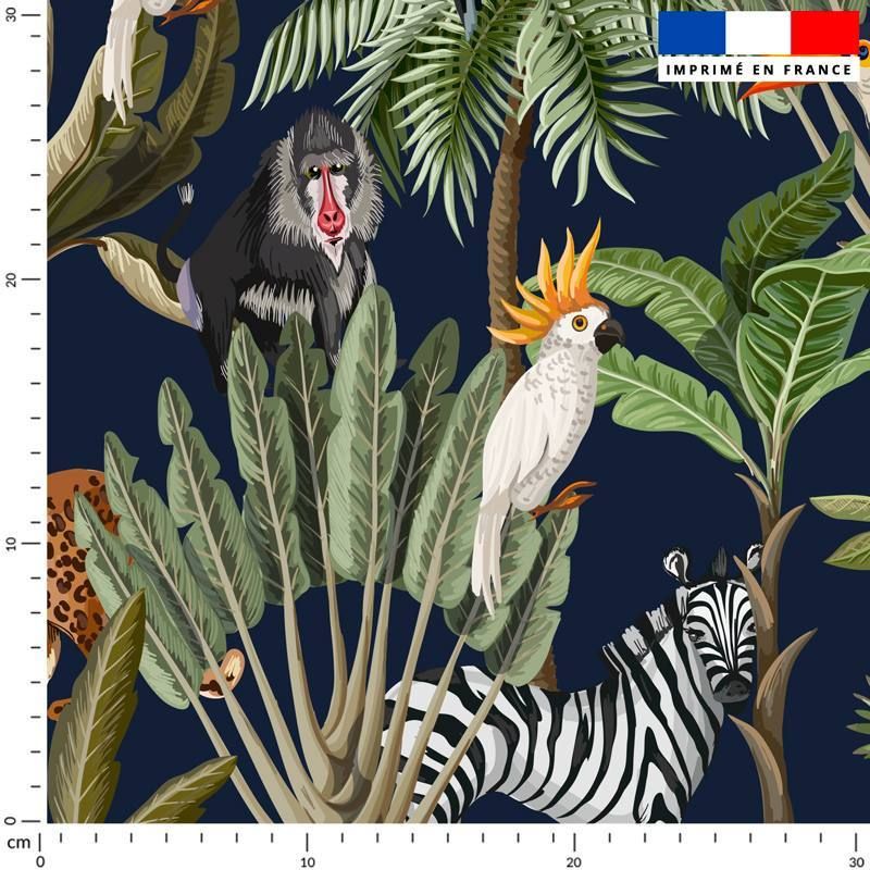 Tissu imperméable bleu marine motif jungle et animaux