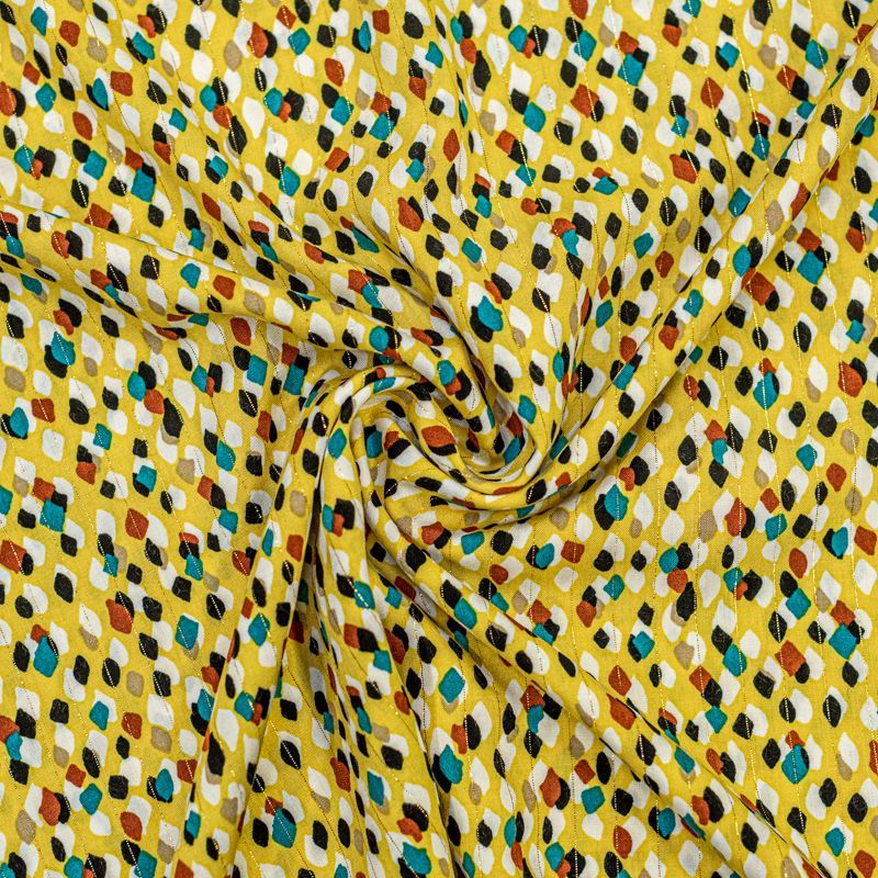 Tissu viscose jaune motif tacheté chally avec fil lurex doré