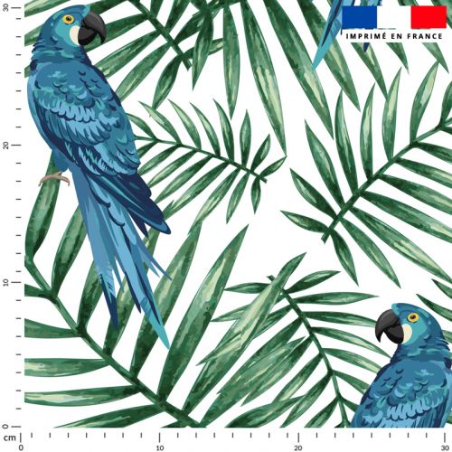 Tissu imperméable vert motif perroquet bleu et feuille tropicale