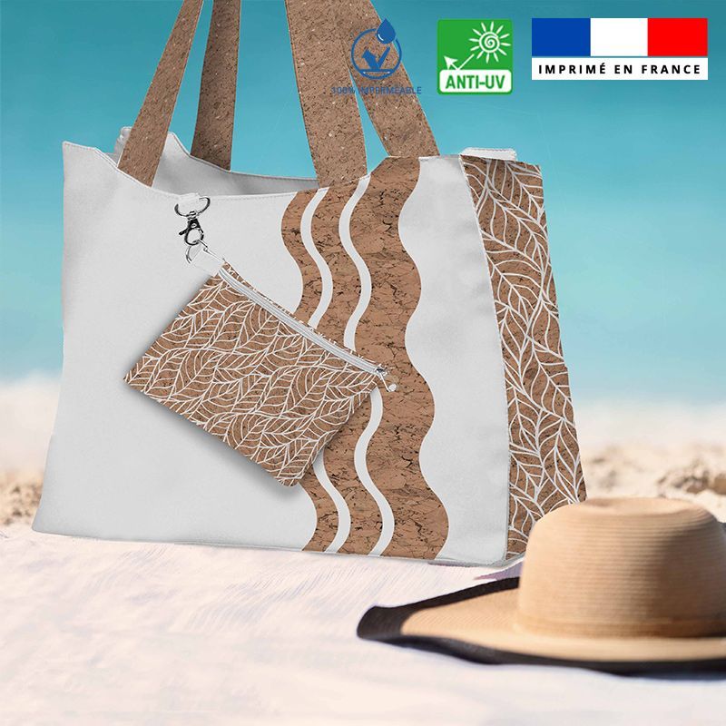 Kit sac de plage imperméable motif wave effet liège - Queen size