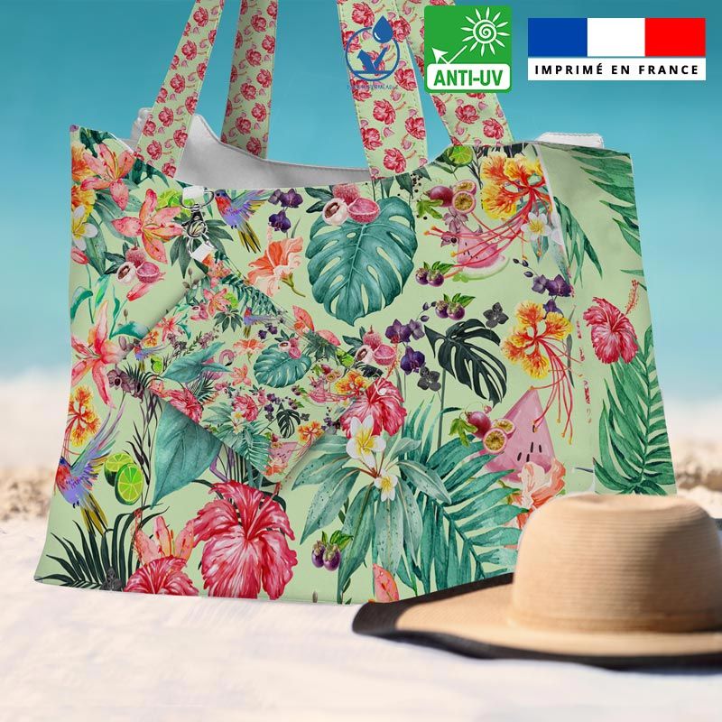 Kit sac de plage imperméable blanc motif fruit tropical - King size