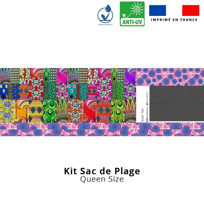 Kit sac de plage imperméable motif wax patchwork - Queen size