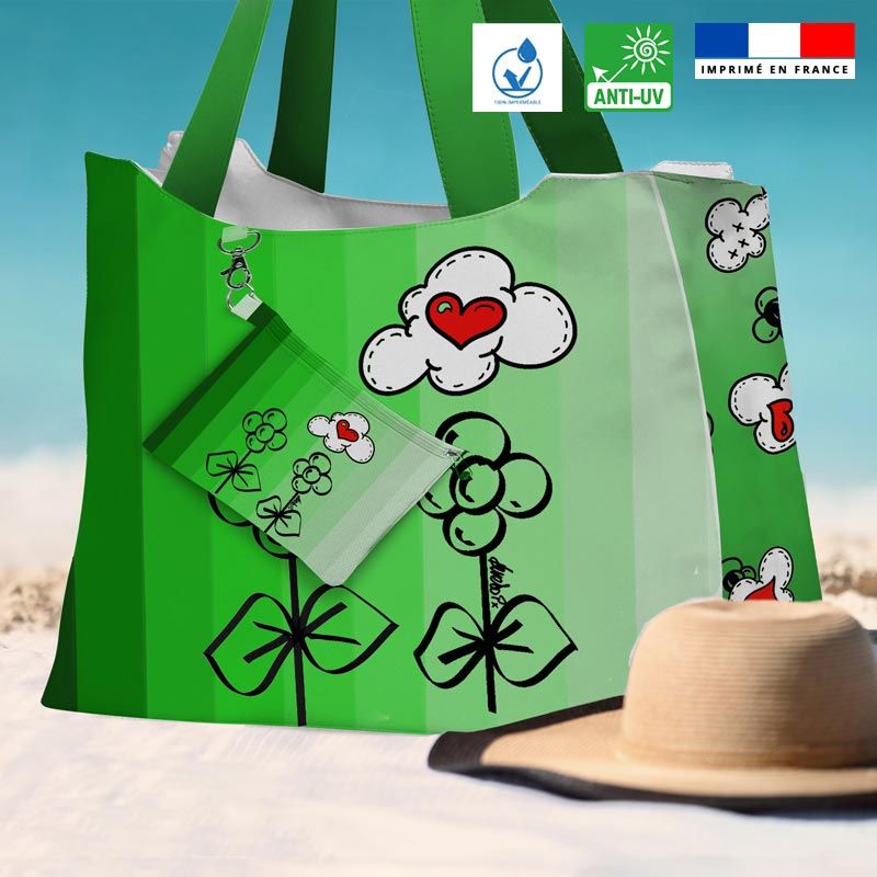 Kit sac de plage imperméable vert motif une fleur à ma mère - King size - Création Anne-Sophie Dozoul