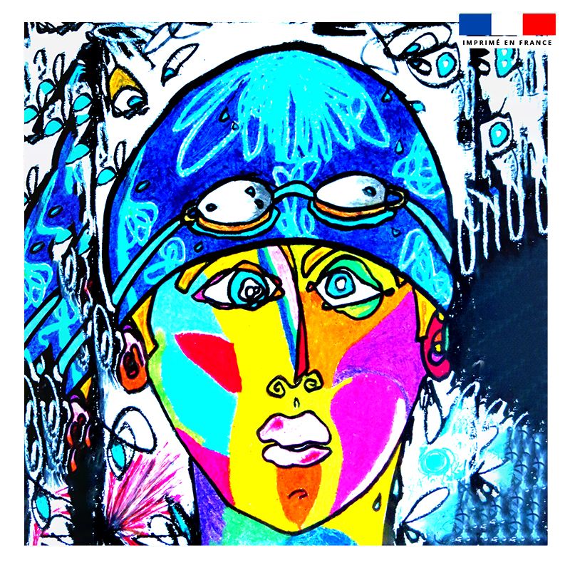 Coupon 45x45 cm motif femme moderne et bonnet bleu - Création Razowsky