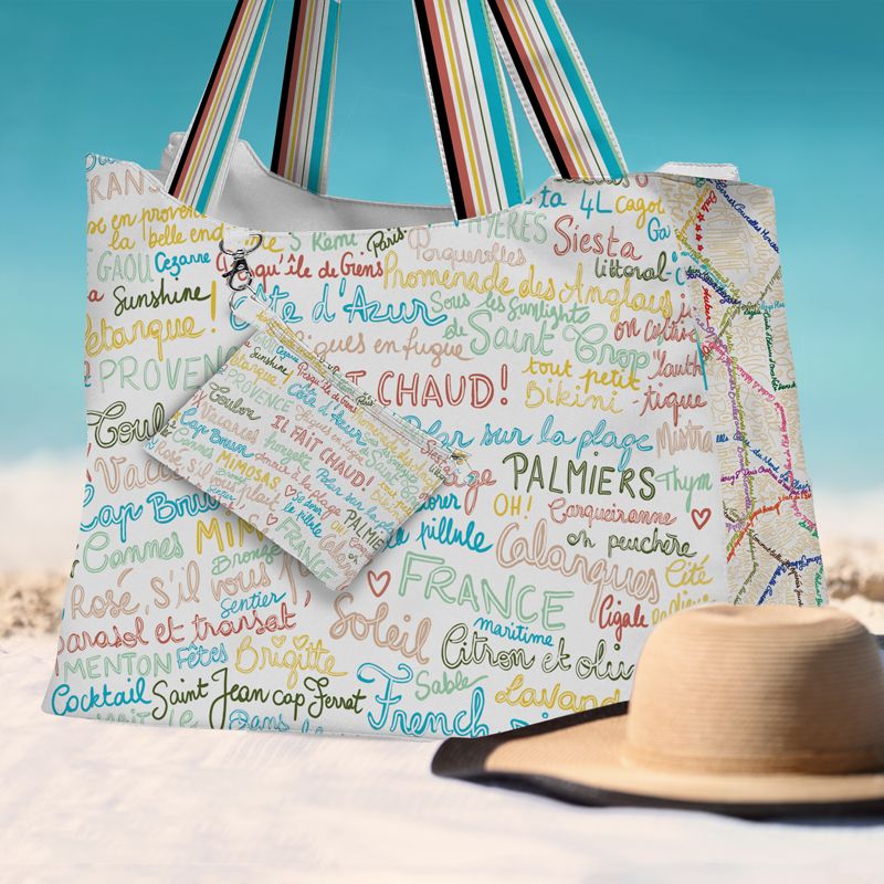 Kit sac de plage imperméable motif Il fait chaud - King size - Création Lou Picault