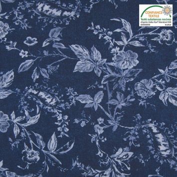 Tissu viscose motif fleuri bleu
