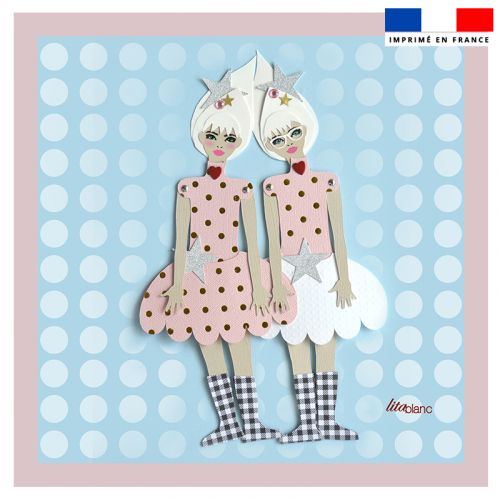 Coupon 45x45 cm motif poupée rétro bleu - Création Lita Blanc
