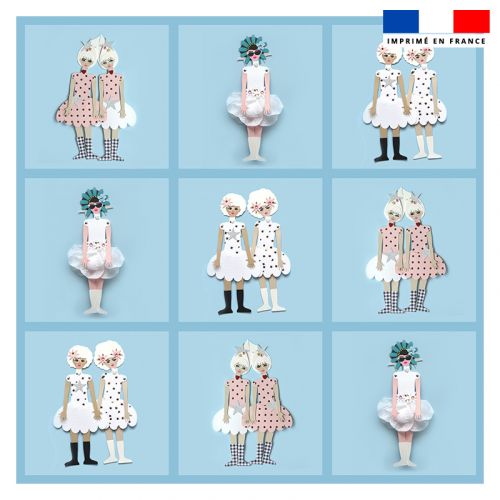 Coupon 45x45 cm motif patchwork de poupées bleues - Création Lita Blanc