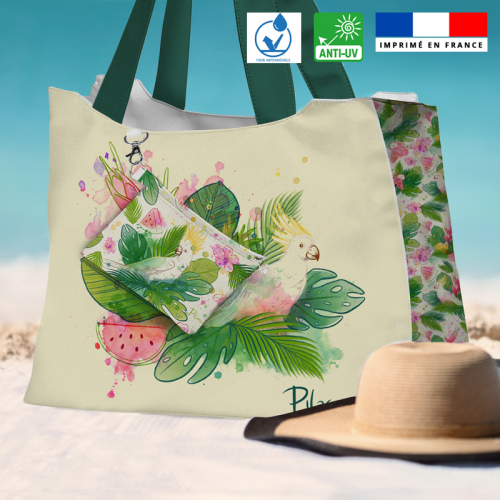 Kit sac de plage imperméable motif pastèque et feuille exotique - Queen size - Création Pilar Berrio