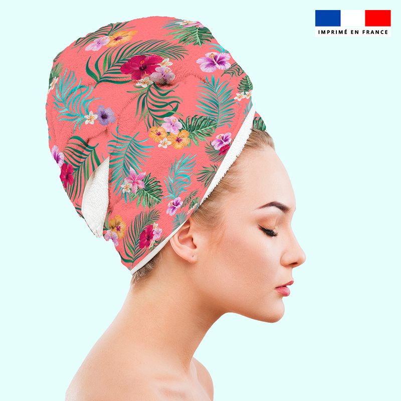 Coupon éponge pour serviette turban cheveux motif fleur tropicale corail