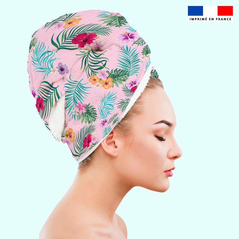 Coupon éponge pour serviette turban cheveux motif fleur tropicale rose