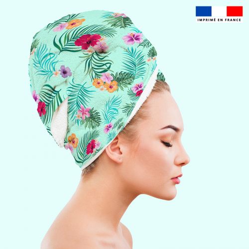 Coupon éponge pour serviette turban cheveux motif fleur tropicale vert