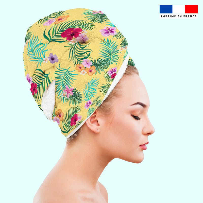 Coupon éponge pour serviette turban cheveux motif fleur tropicale jaune