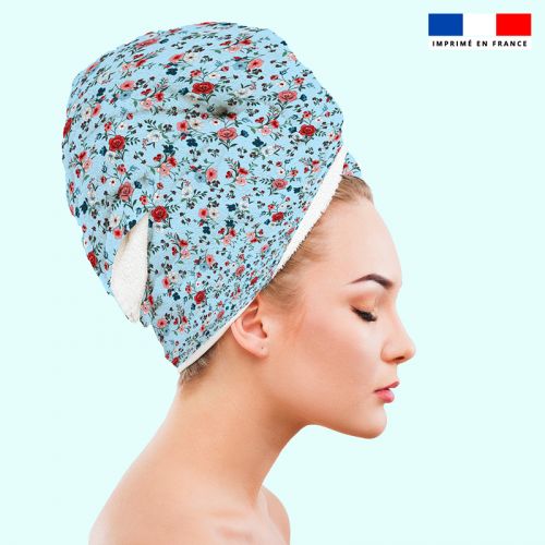 Coupon éponge pour serviette turban cheveux motif petites fleurs champêtres bleu