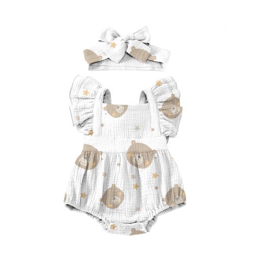 Double gaze blanche motif ours baby marron et ocre Oeko-tex