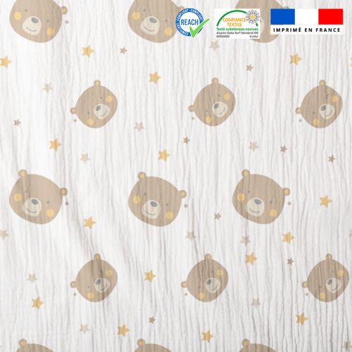 Double gaze blanche motif ours baby marron et ocre Oeko-tex