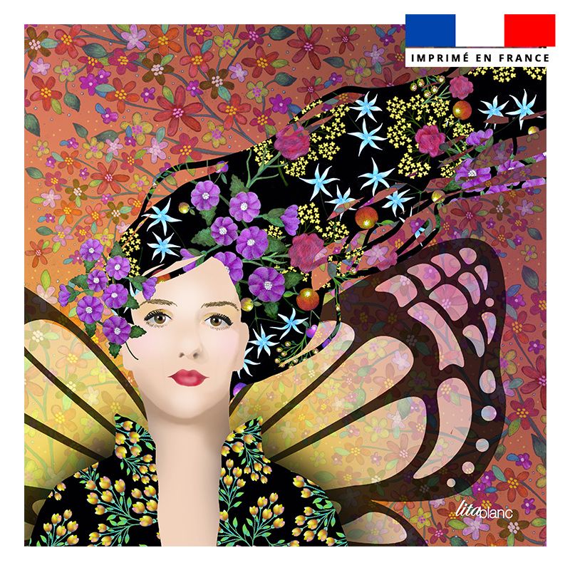 Coupon 45x45 cm motif diva papillon et fleurs - Création Lita Blanc