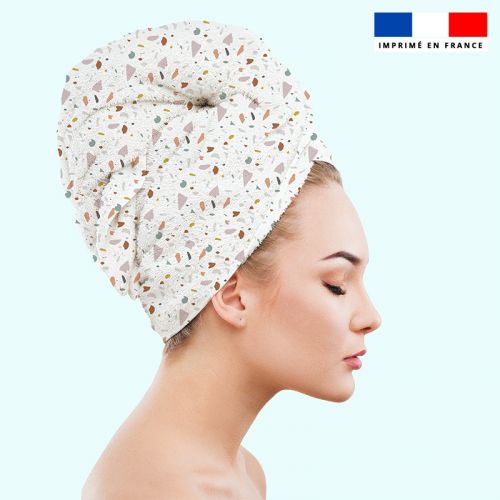 Coupon éponge pour serviette turban cheveux motif tiles blanc - Création Anne Clmt