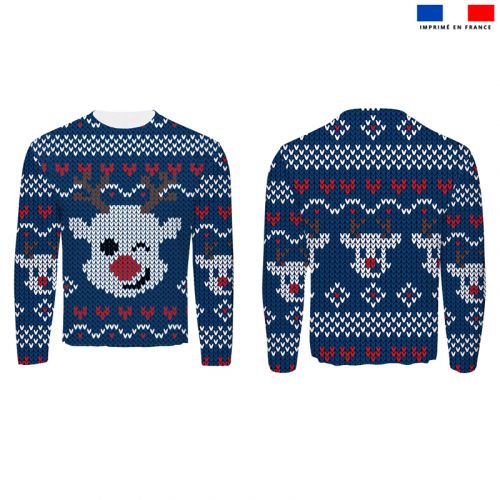 Kit pull Noel en polaire motif renne bleu