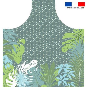 Patron imprimé pour tablier bleu motif feuilles exotiques vertes - Création Nathalie Gravey