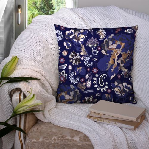 Popeline de coton bleue peigné motif cachemire flower gold Oeko-tex