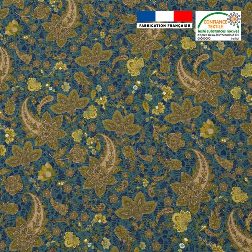 Popeline de coton verte peigné motif rosace cachemire ocre