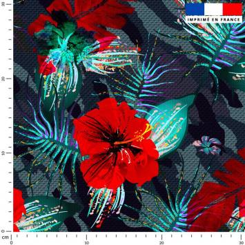 coupon - Coupon 400cm - Fleur rouge - Fond camouflage bleu - Satin 110 gr/m² - 150 cm