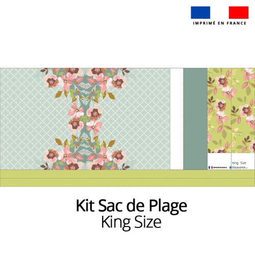 Kit sac de plage imperméable motif flowers vert - King size - Création Nathalie Gravey