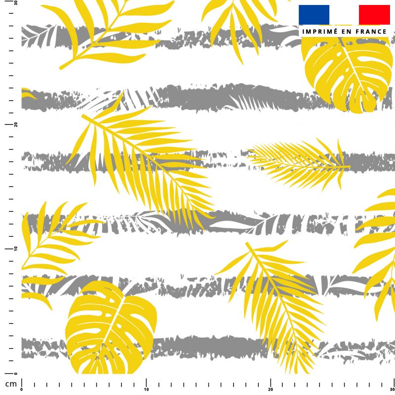 Tissu imperméable motif feuille de palmier jaune et bandes grises