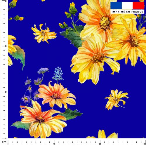Tissu imprimé fleur jaune - fond bleu roi - Tissus Price Matière Burlington  170 gr/m² - 146 cm Matière Burlington 170 gr/m² - 146 cm